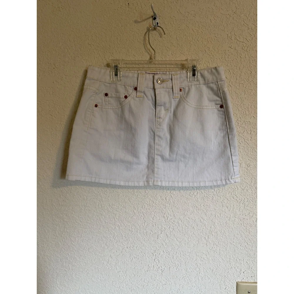 Levis Low Slouch White Denim Mini Skirt Size 3JR Low Rise Yellow Stitching